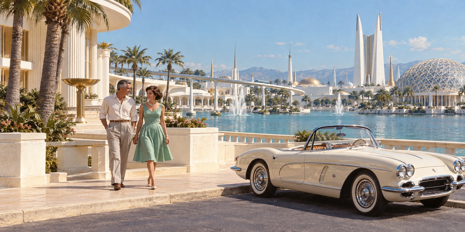 The owner, in a light shirt and trousers, walks beside a woman in a sea-green dress along a sunny lagoon terrace. An ivory early-1960s convertible is parked at the kerb, with fountains, a lattice dome and white spires across the water.