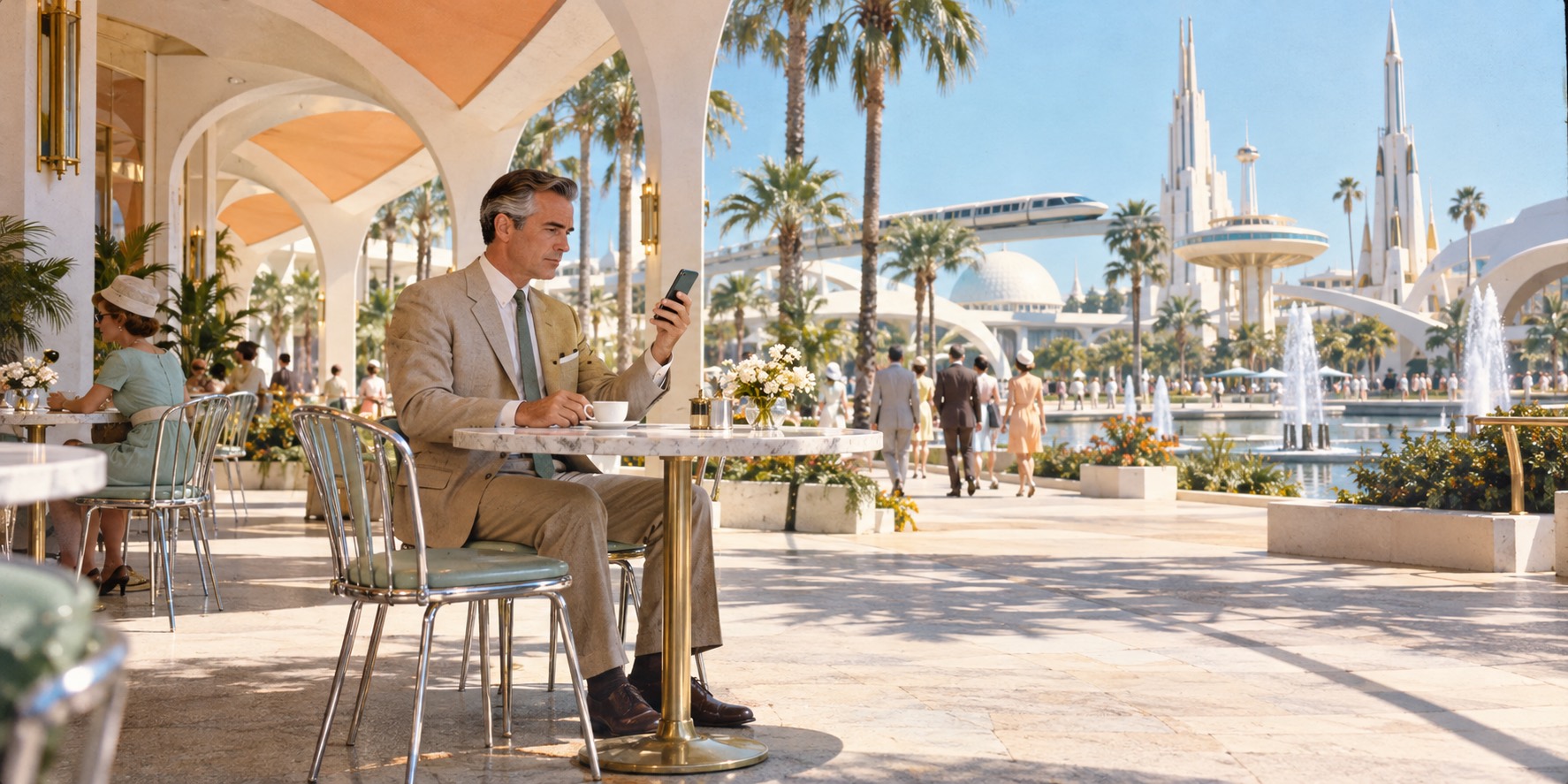 The owner in a sand suit sits at a marble café table under white arches, looking at his phone with a coffee cup by his other hand. People walk past fountains and white spires in the sunlight beyond.
