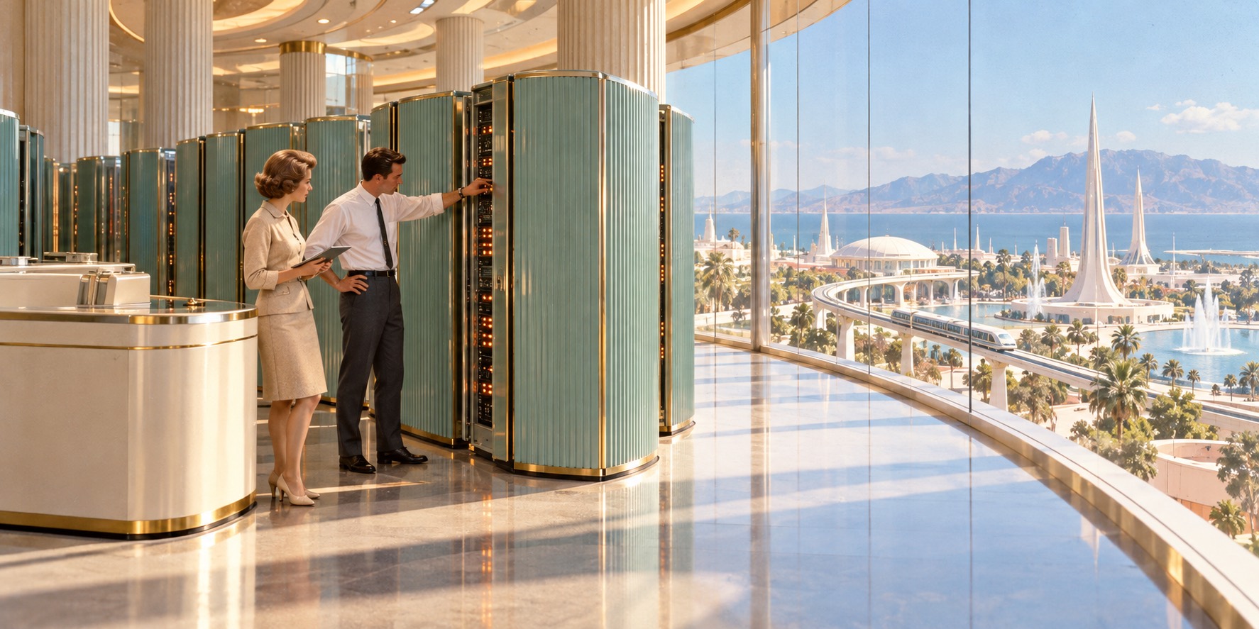 Two technicians, a woman holding a tablet and a man in shirtsleeves, check a tall fluted sea-green server cabinet with amber lights. Curved glass looks southeast over the bay, a monorail and spires toward distant mountains.